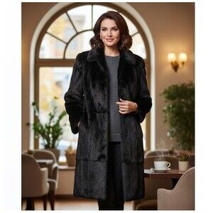 Gallery Fur Coat Black Spanish Rabbit Lined Hook Closure Spain Womens Size M